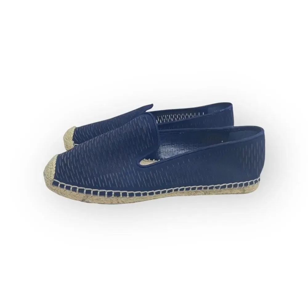 Vince Camuto ⌘ Disti Perforated Leather Flat Jute Trim Espadrilles ⌘ Navy 36 6M